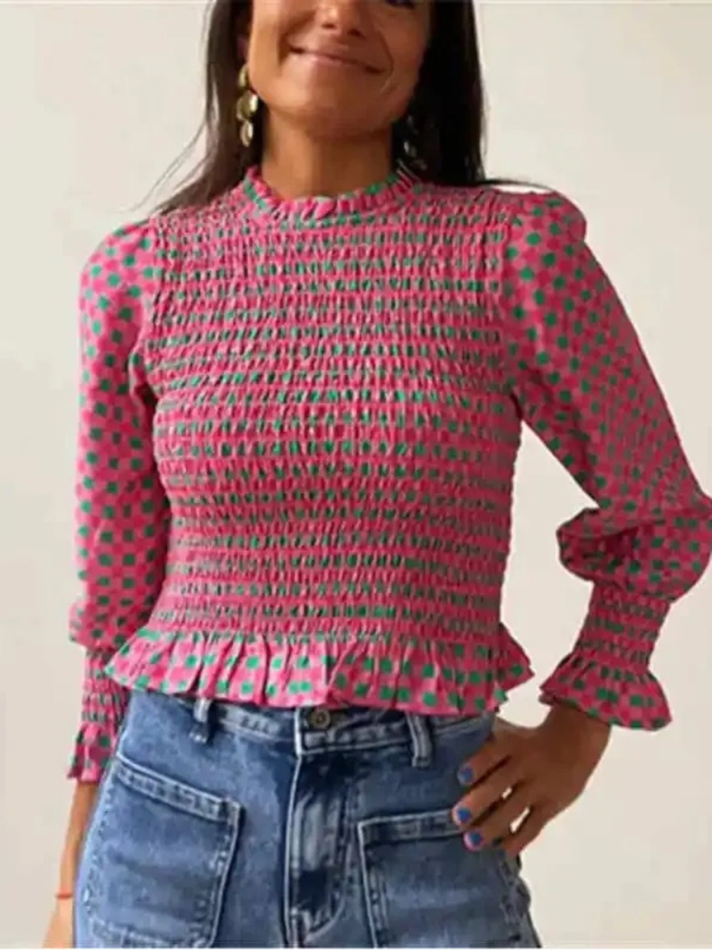 Pink and Green Checkered Smocked Top